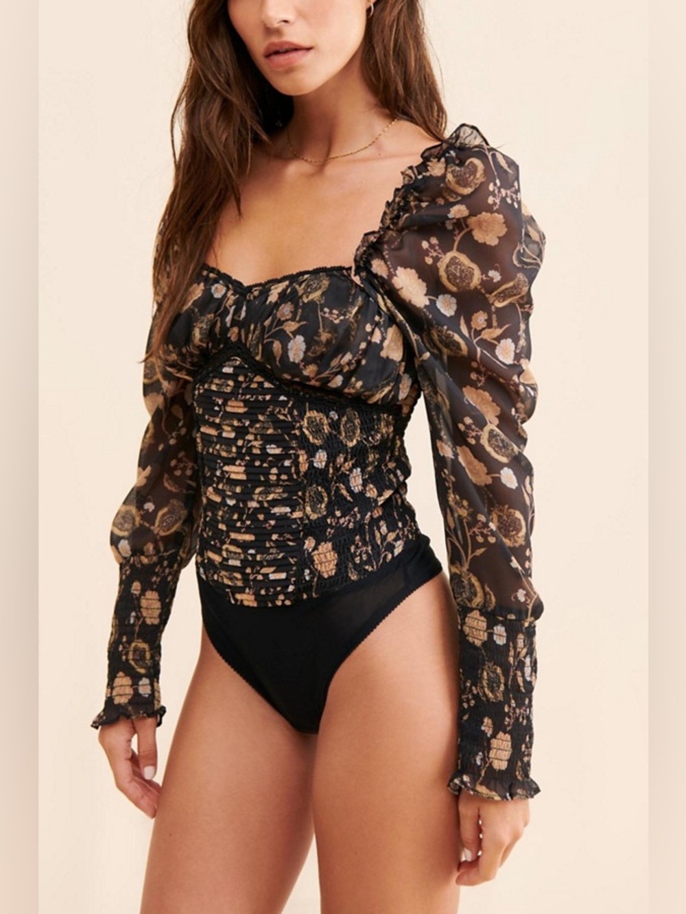 NWT Free People Intimately Brunch‎ Date Bodysuit Medium Romantic Smocked Sheer